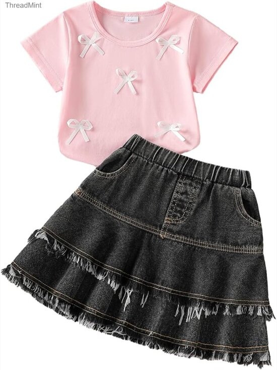 Other - Girls 2-Piece Set Bow T-Shirt Denim Skirt Spring Summer